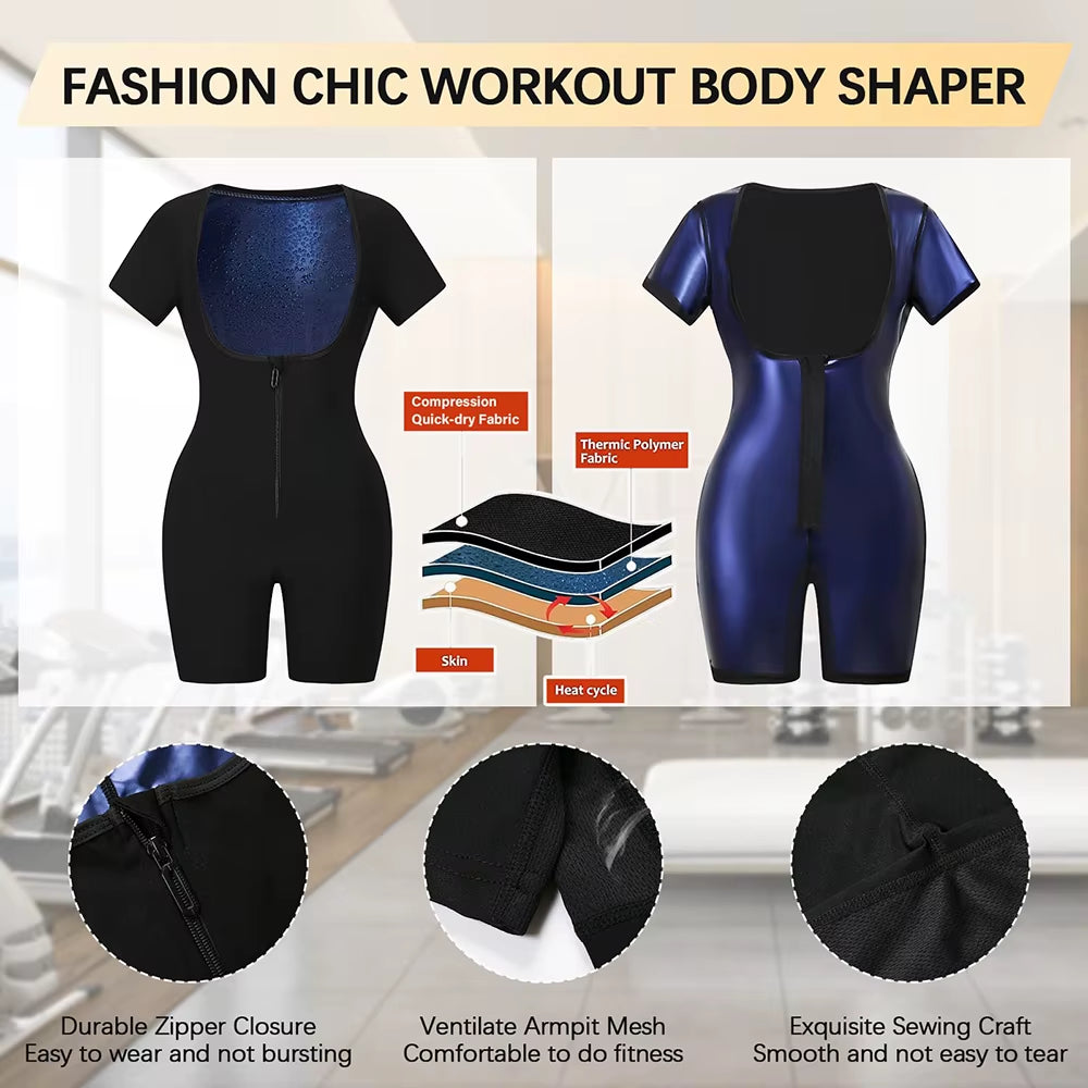 3-In-1 Women'S Full Body Sauna Suit Short Sleeve Waist Trainer Jumpsuit Slimming Sweat Body Shaper for Workouts