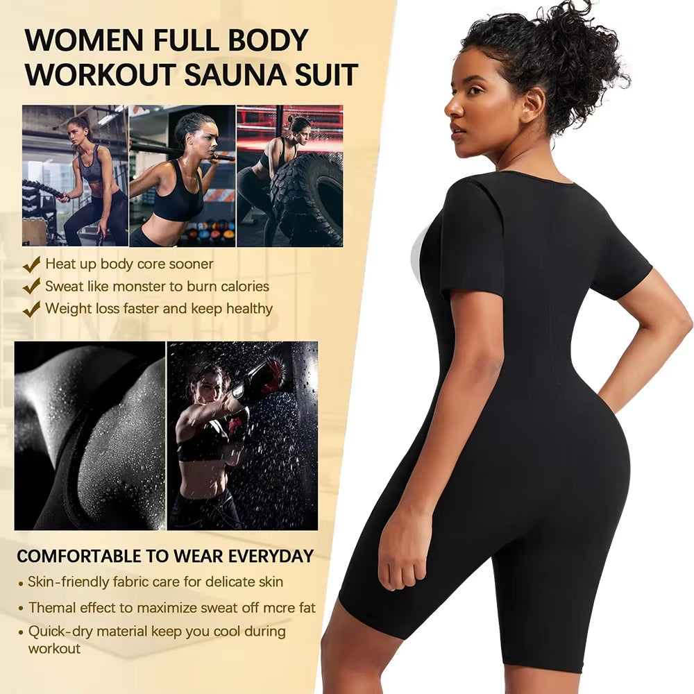 3-In-1 Women'S Full Body Sauna Suit Short Sleeve Waist Trainer Jumpsuit Slimming Sweat Body Shaper for Workouts