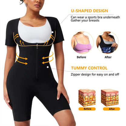 3-In-1 Women'S Full Body Sauna Suit Short Sleeve Waist Trainer Jumpsuit Slimming Sweat Body Shaper for Workouts