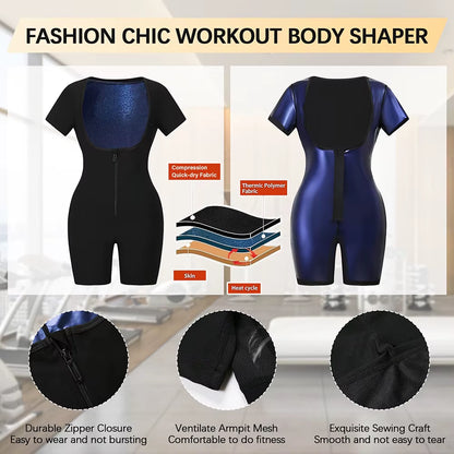 3-In-1 Women'S Full Body Sauna Suit Short Sleeve Waist Trainer Jumpsuit Slimming Sweat Body Shaper for Workouts