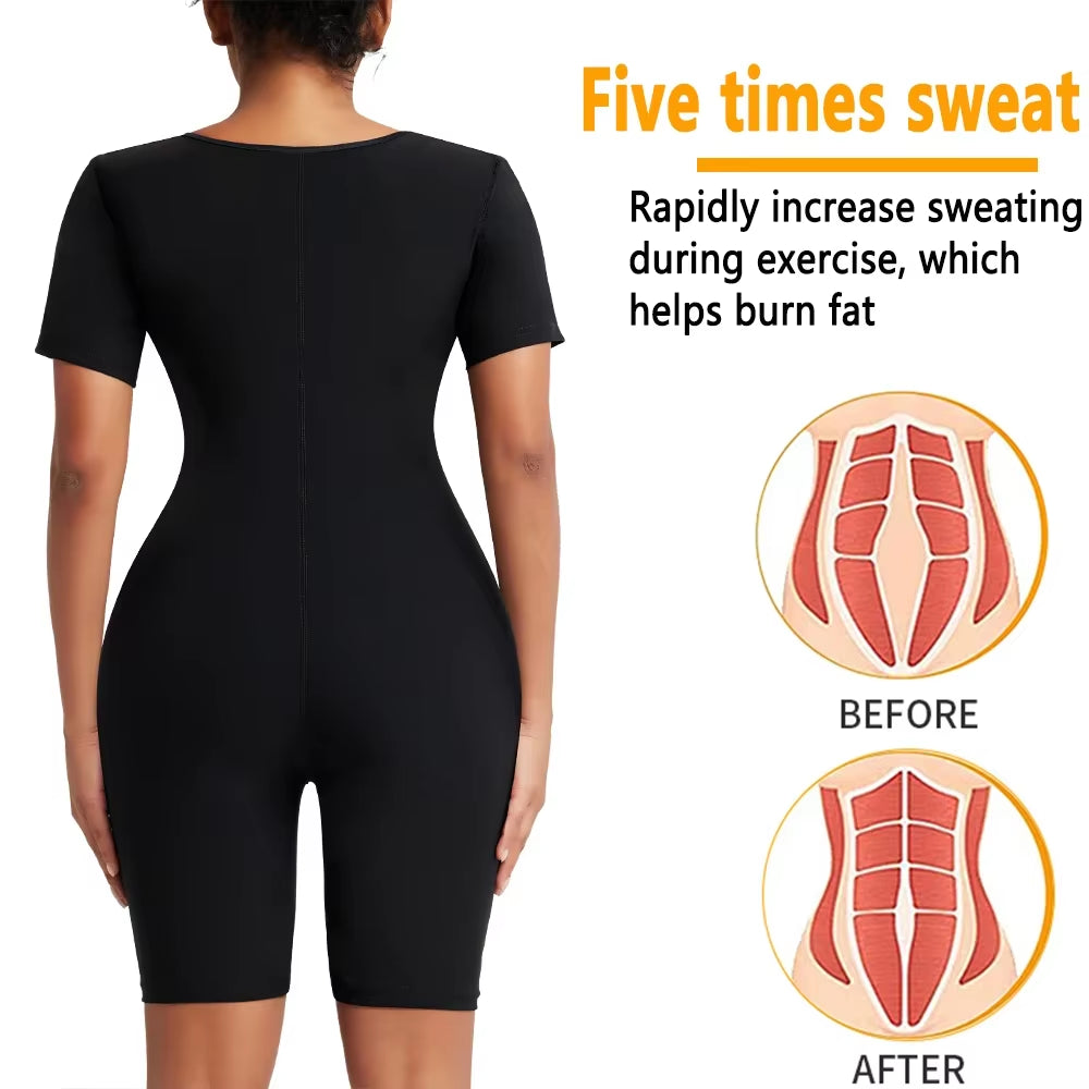 3-In-1 Women'S Full Body Sauna Suit Short Sleeve Waist Trainer Jumpsuit Slimming Sweat Body Shaper for Workouts