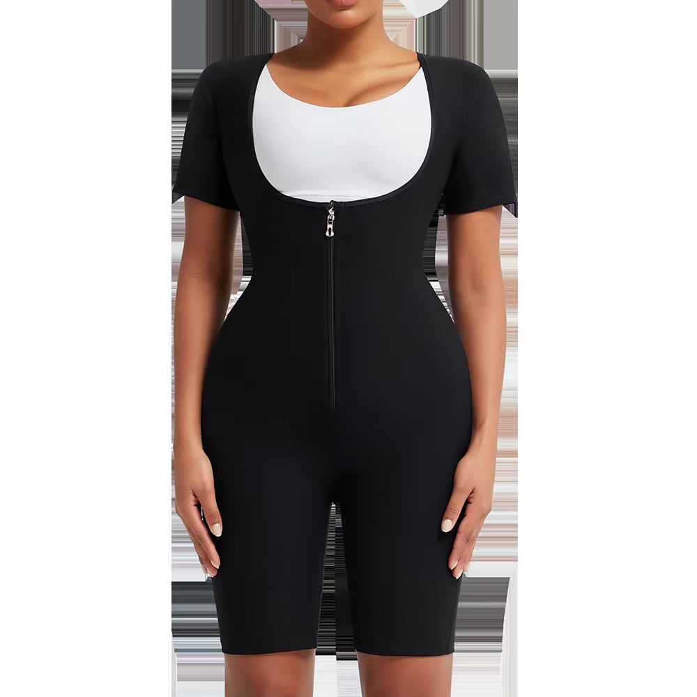 3-In-1 Women'S Full Body Sauna Suit Short Sleeve Waist Trainer Jumpsuit Slimming Sweat Body Shaper for Workouts