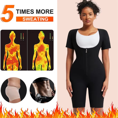 3-In-1 Women'S Full Body Sauna Suit Short Sleeve Waist Trainer Jumpsuit Slimming Sweat Body Shaper for Workouts